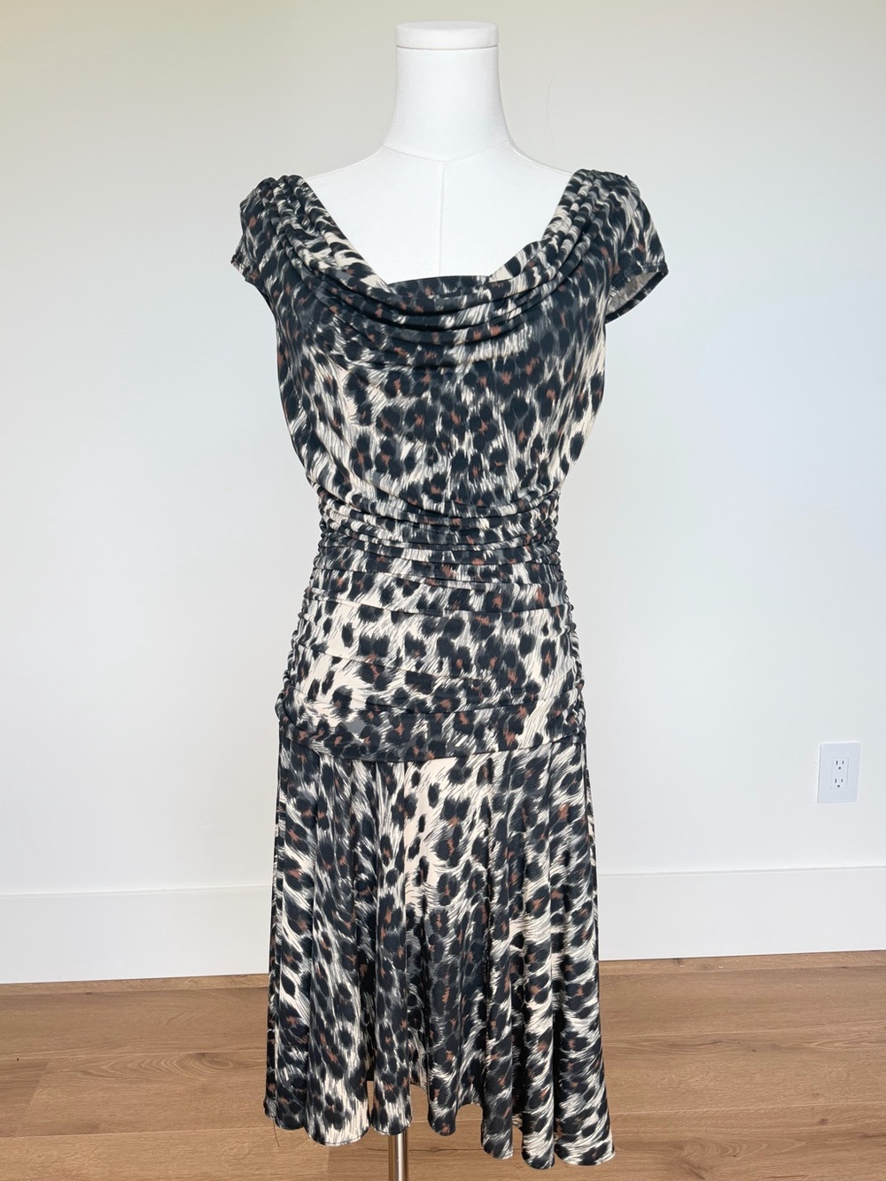 Y2K Leopard-Print Cowl Midi Dress in Black and Cream